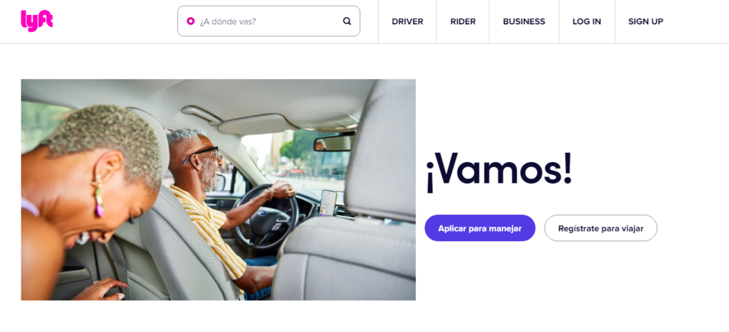 P&aacute;gina de inicio del sitio web de Lyft