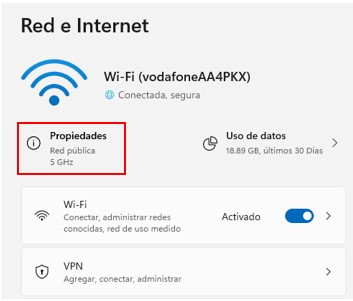 Visualización de la ventana de Red e Internet para editar el DNS