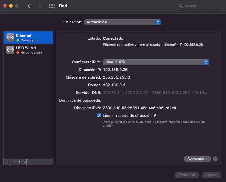 Sección de Red en MacOS