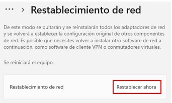 Botón para restablecer ahora la red