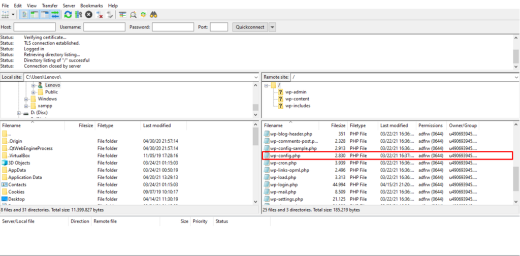 Archivo wp-config.php en FilaZilla