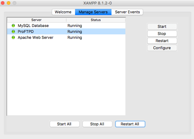Panel de control de XAMPP para verificar el estado del servidor