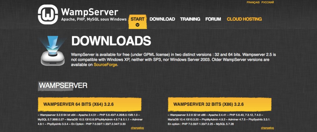 P&aacute;gina de descarga de WampServer