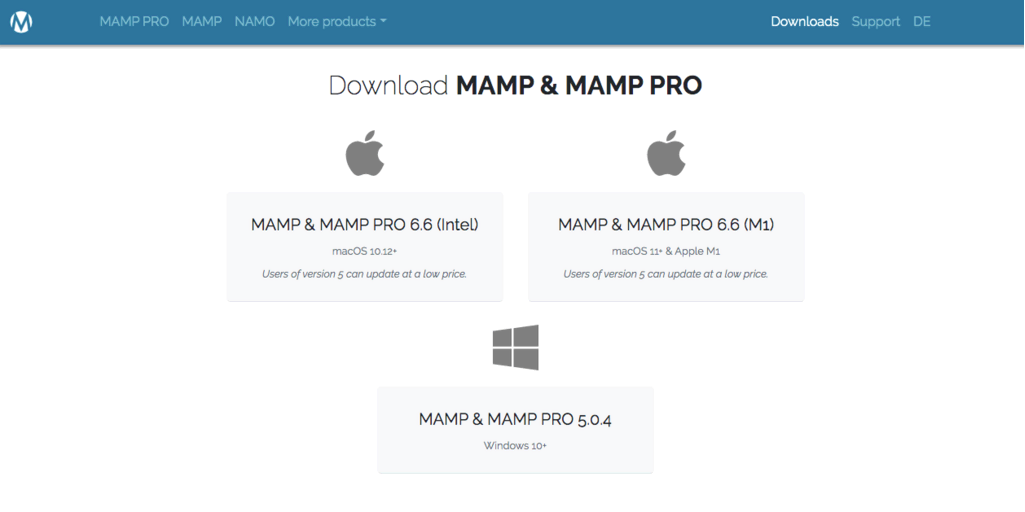 P&aacute;gina de descarga del sitio web de MAMP