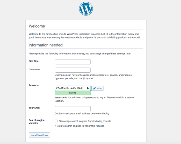 Visualizaci&oacute;n de la opci&oacute;n para iniciar la instalaci&oacute;n de WordPress
