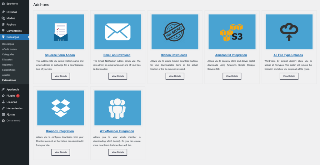 Opciones de extenciones para Simple Download Monitor en el panel de control