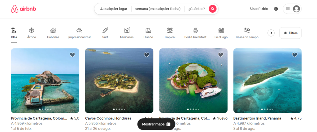 P&aacute;gina de inicio del sitio web de Airbnb