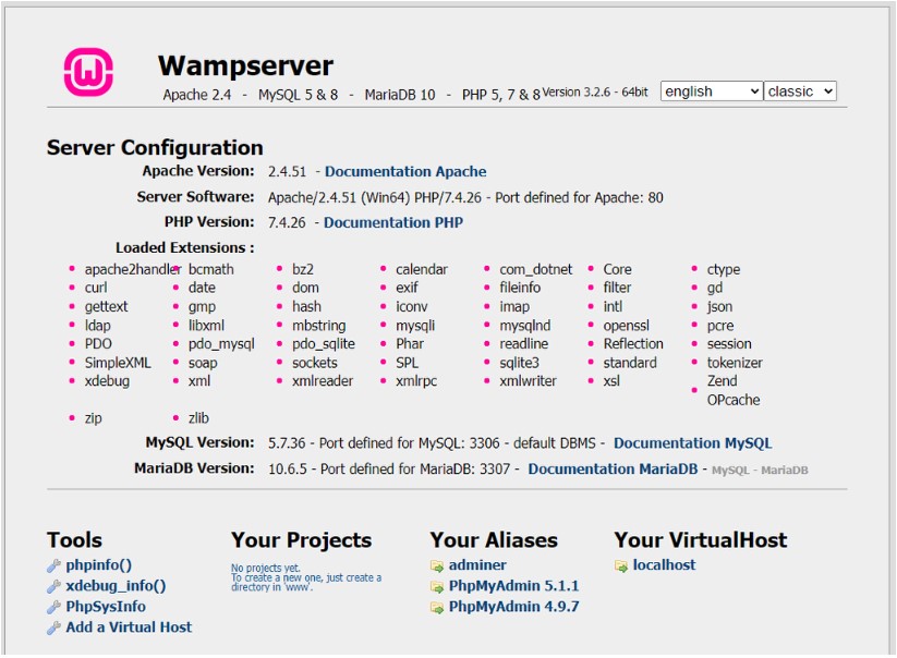 P&aacute;gina de configuraci&oacute;n de WampServer