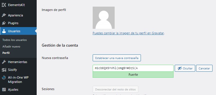 Panel de WordPress para gestionar la contraseña