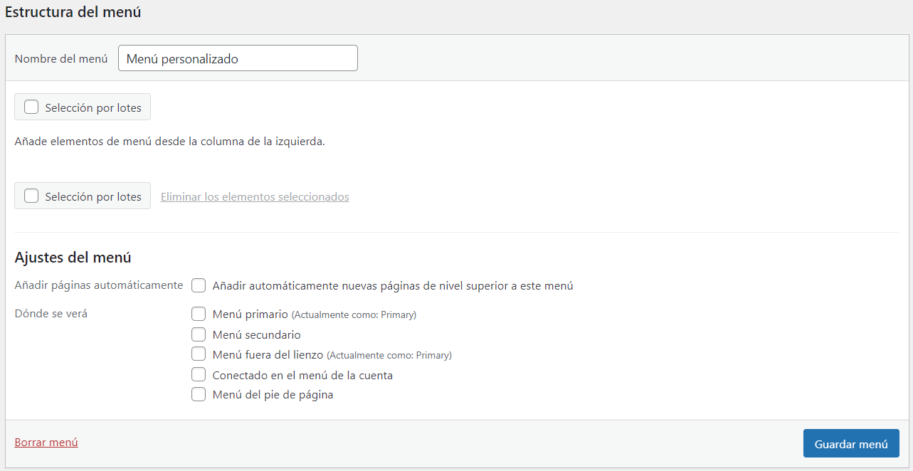 Sección del menú personalizado en WP