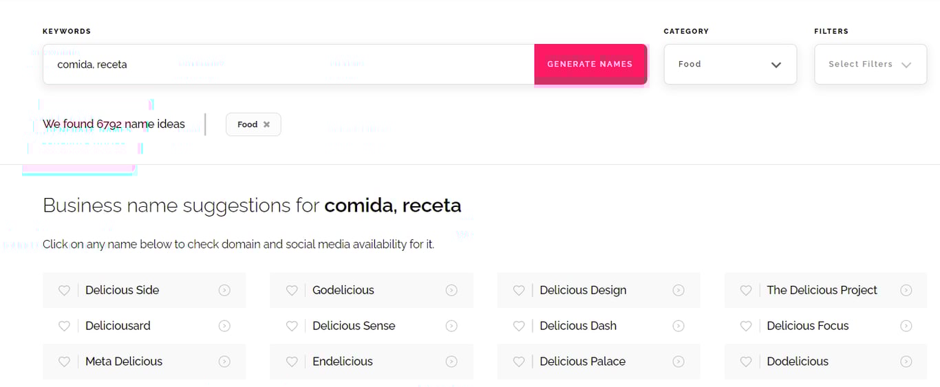 Resultados de búsqueda en Namify