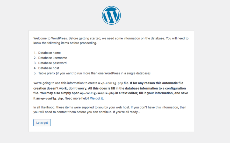 P&aacute;gina de bienvenida de WordPress