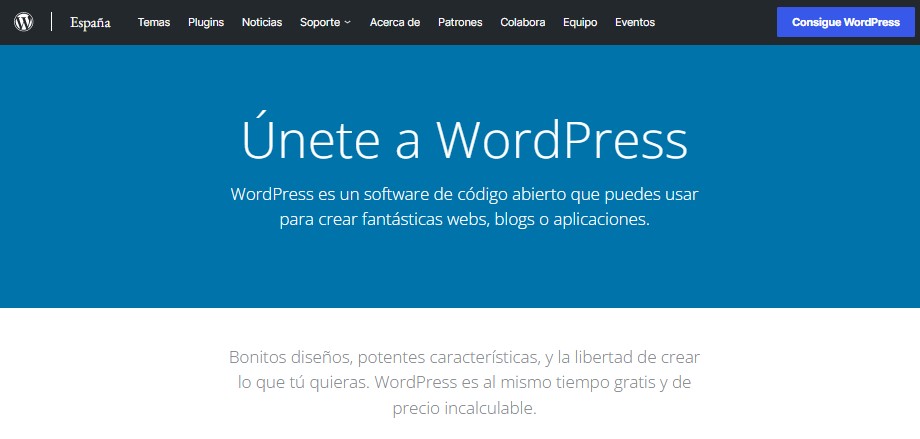 P&aacute;gina de inicio para conseguir WordPress