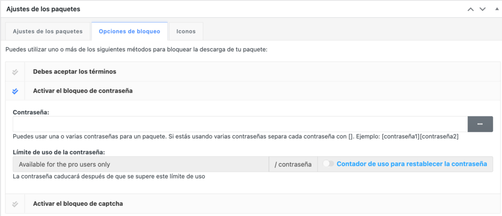 Opciones de bloqueo de contenido en el WordPress Download Manager