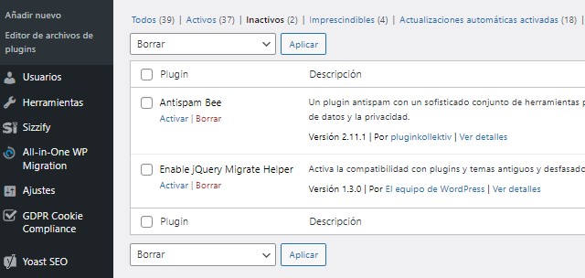 Vista previa de los plugins inactivos para ser eliminados
