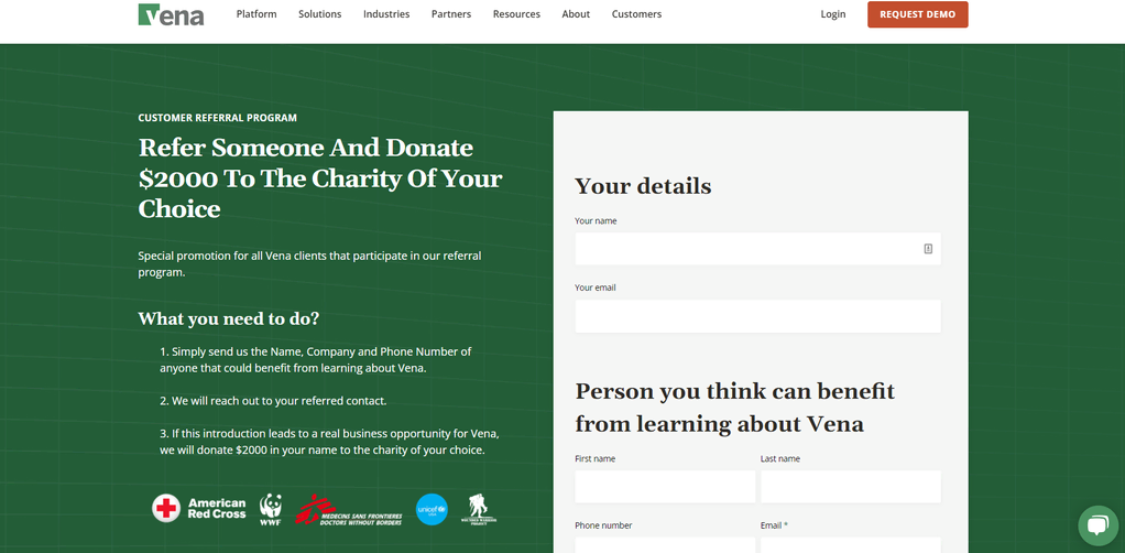 Página del programa de referidos de Vena