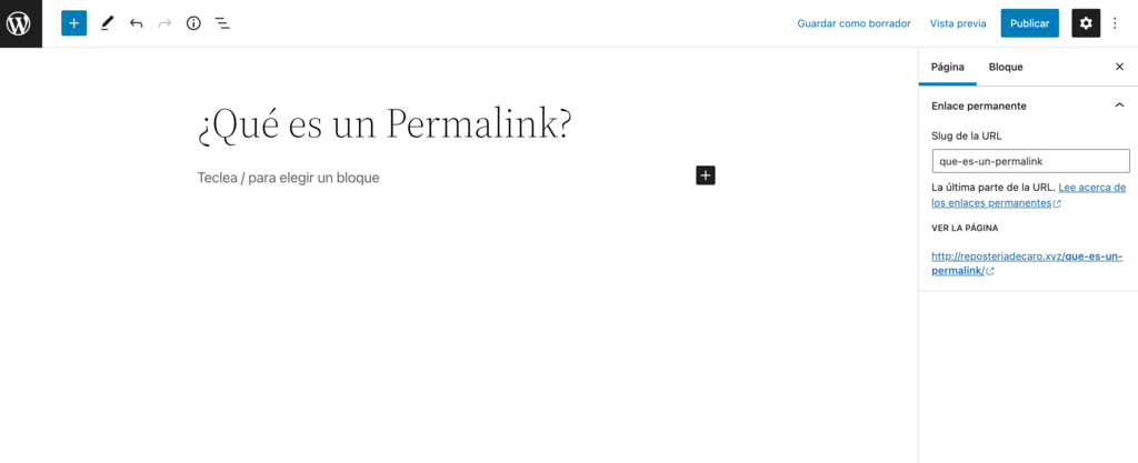 Seccion del Permalink en el editor Gutenberg