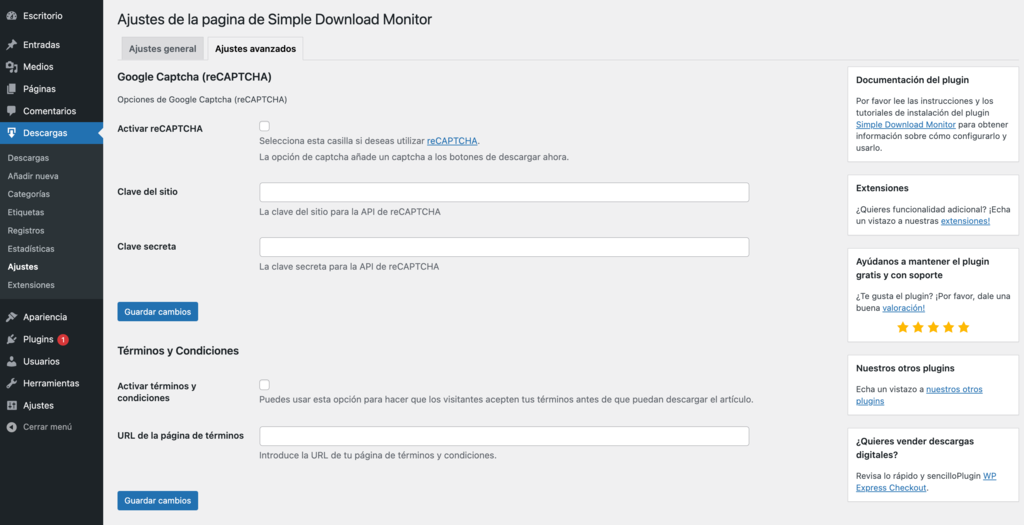 Página de configuración de Simple Download Monitor, mostrando las opciones de reCAPTCHA y Términos y Condiciones