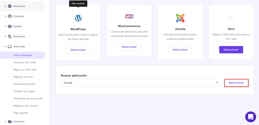 La ventana del Auto instalador en hPanel. Drupal est&aacute; seleccionado