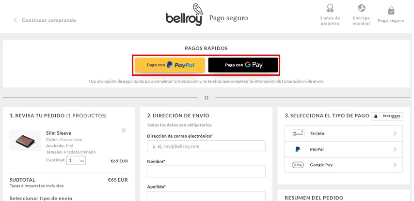Ejemplo de pagos r&aacute;pidos de la empresa Bellroy