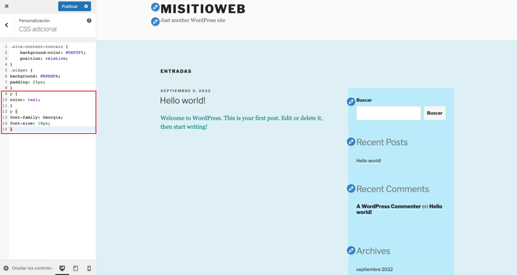 Edici&oacute;n de la fuente del tema secundario de WordPress.