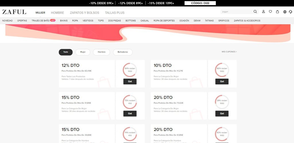 Visualizaci&oacute;n de los cupones que ofrece ZAFUL en su tienda online