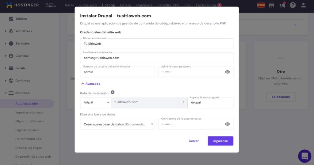 La ventana de instalaci&oacute;n de Drupal en hPanel
