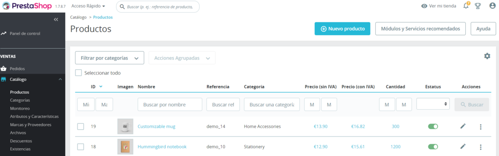 Secci&oacute;n de Productos de PrestaShop