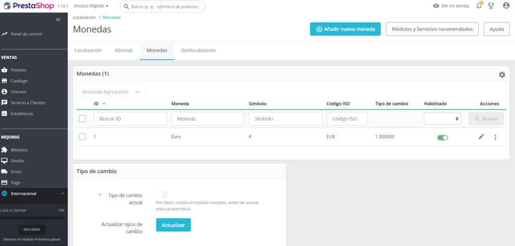 Secci&oacute;n de Monedas de PrestaShop