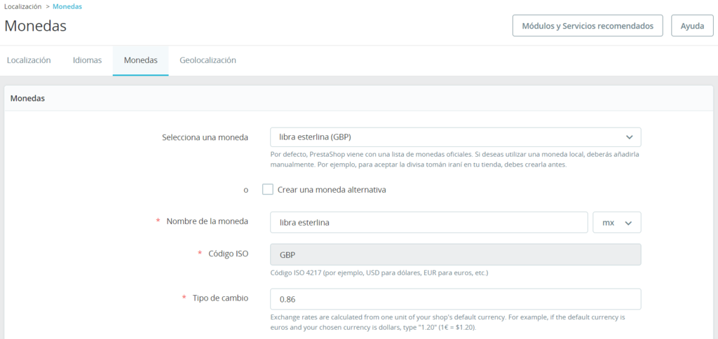 Secci&oacute;n para A&ntilde;adir nueva moneda en PrestaShop