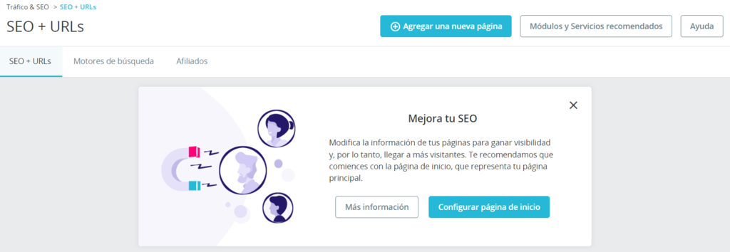 Secci&oacute;n Tr&aacute;fico y SEO de PrestaShop