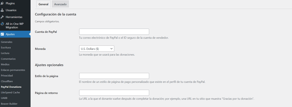 Configurar el botón de donación de PayPal en el panel de WordPress