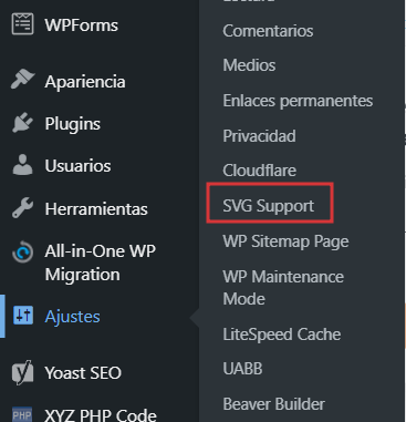 Ubicaci&oacute;n del plugin SVG Support en ajustes de WP