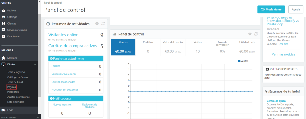 Secci&oacute;n p&aacute;ginas de PrestaShop