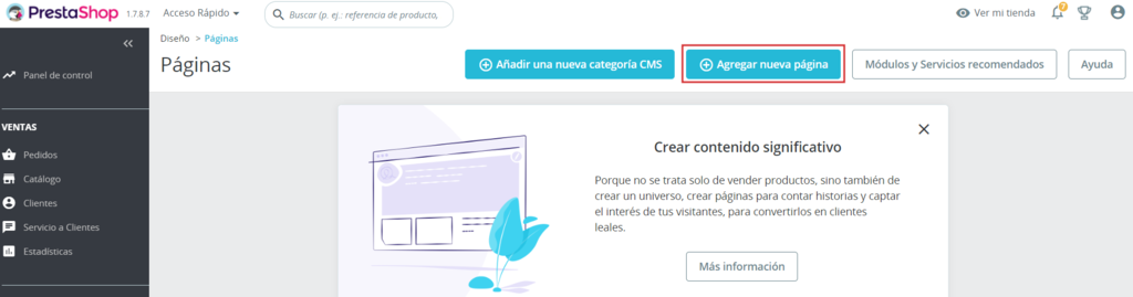 Secci&oacute;n p&aacute;ginas de PrestaShop