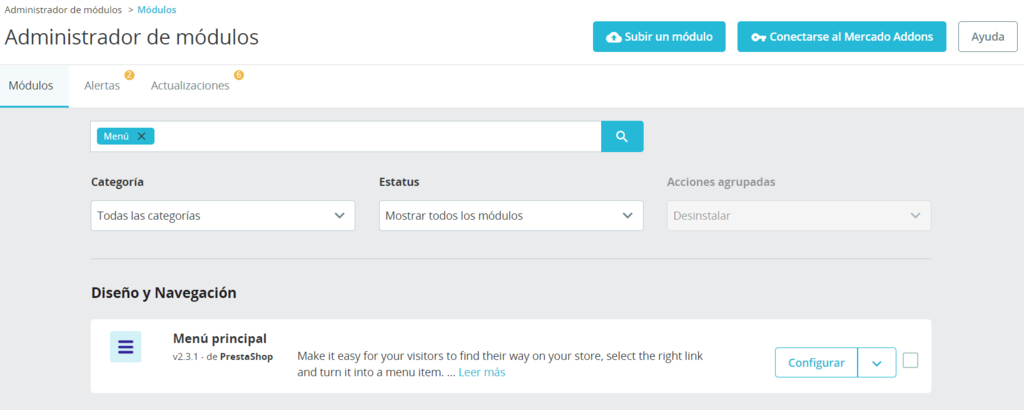 Administrador de m&oacute;dulos en PrestaShop