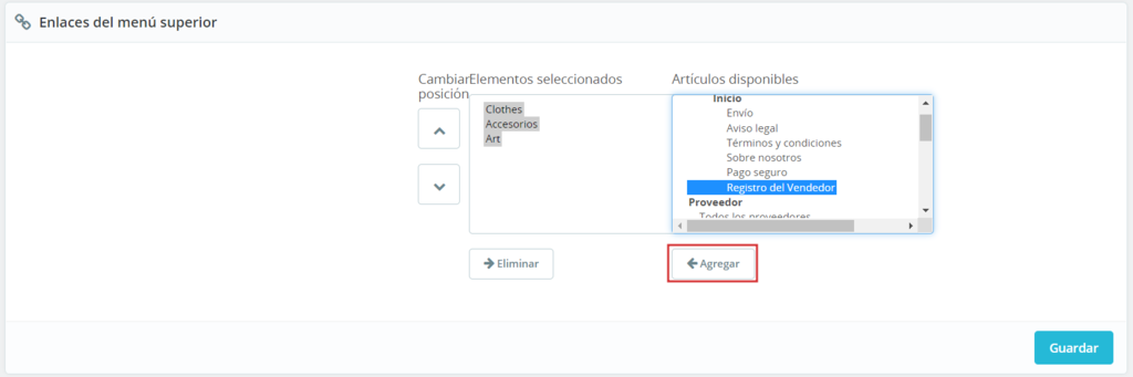 Administrador de m&oacute;dulos: secci&oacute;n men&uacute; en PrestaShop