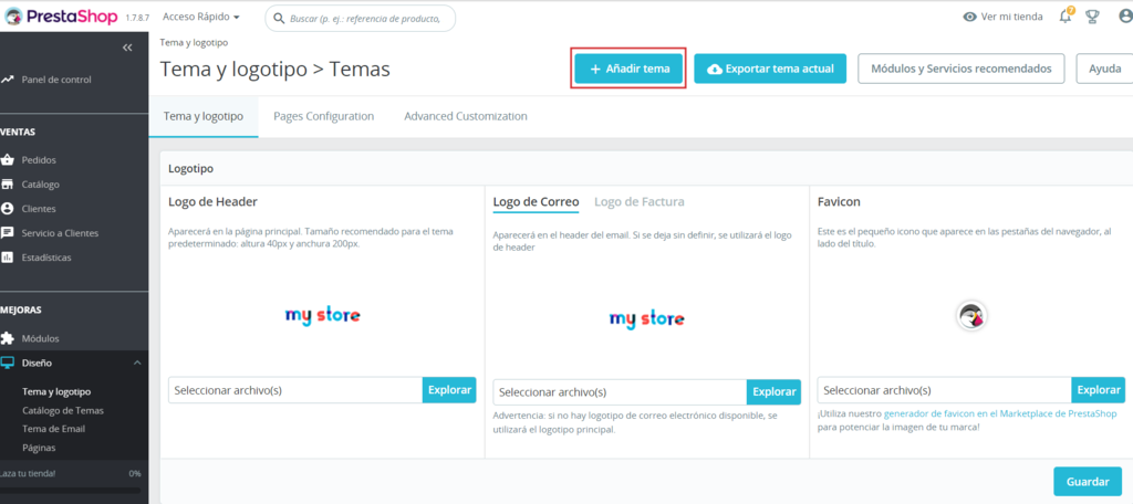 Secci&oacute;n para a&ntilde;adir un tema en PrestaShop