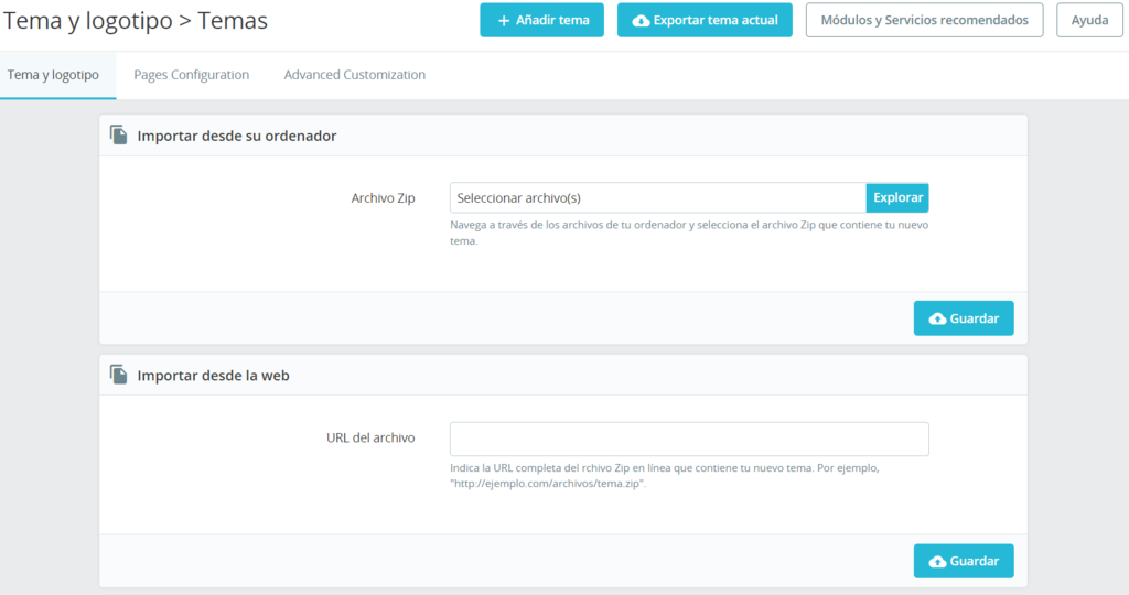 Secci&oacute;n de Tema y logotipo de PrestaShop
