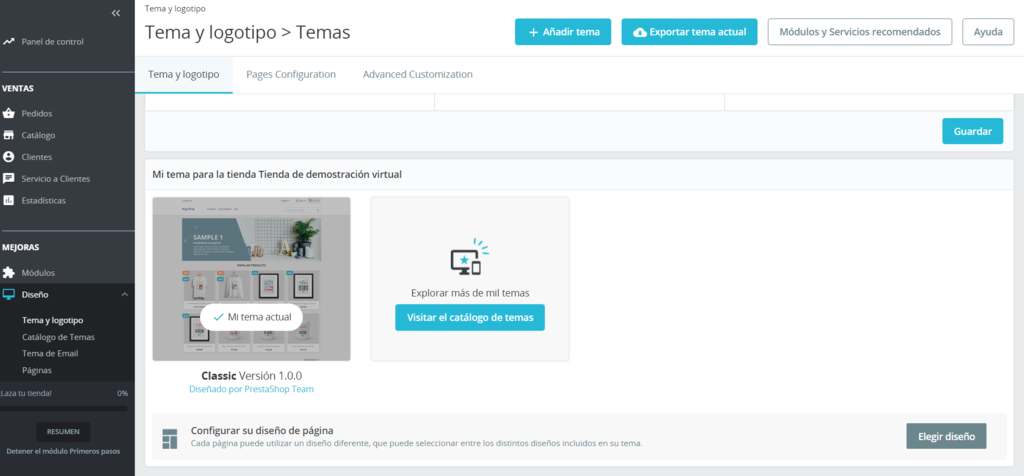 Sección de temas en PrestaShop