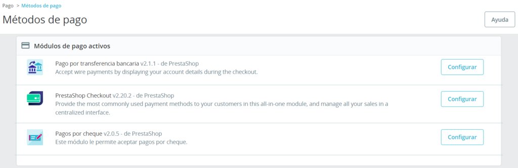 Secci&oacute;n de M&eacute;todos de pago en PrestaShop