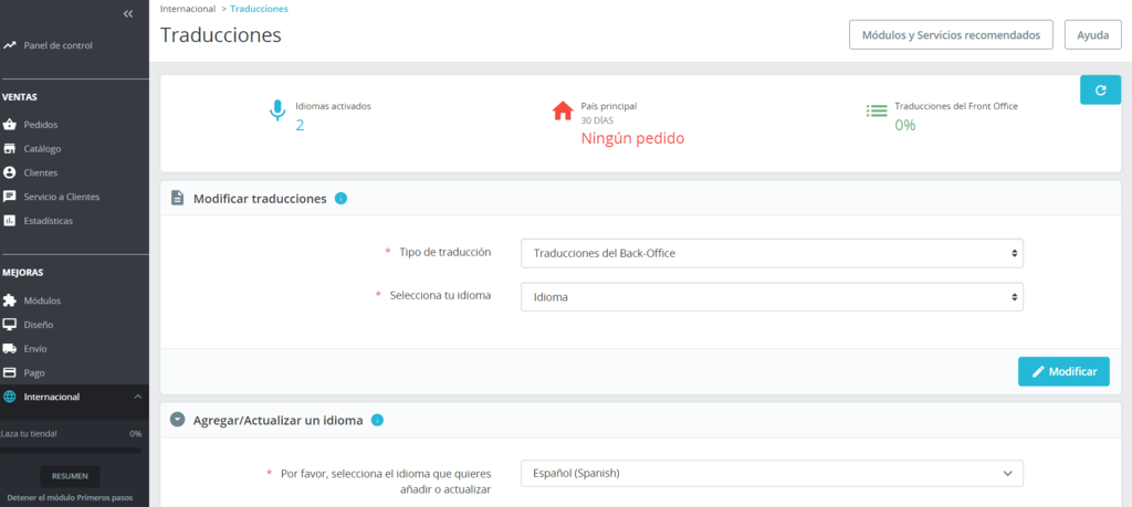 Secci&oacute;n de Traducciones en PrestaShop