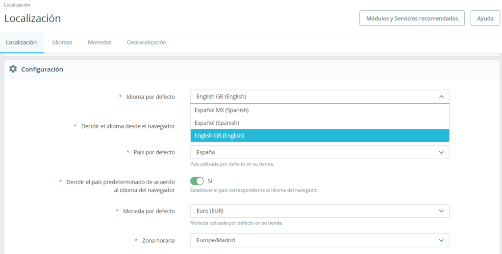 Secci&oacute;n para determinar un idioma en PrestaShop