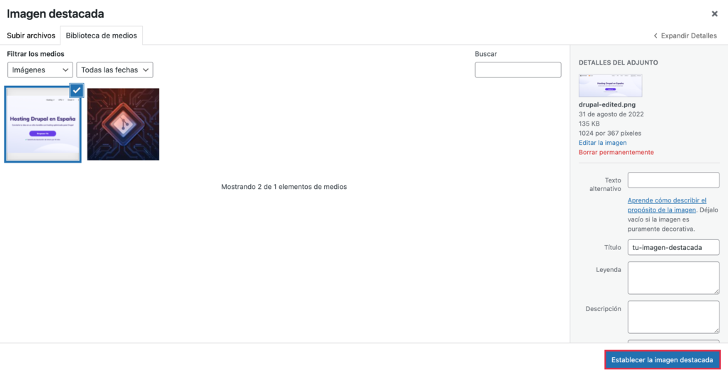 Establecer imagen destacada en WordPress