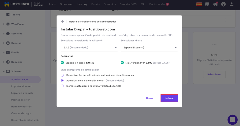 La ventana de instalaci&oacute;n de Drupal en hPanel