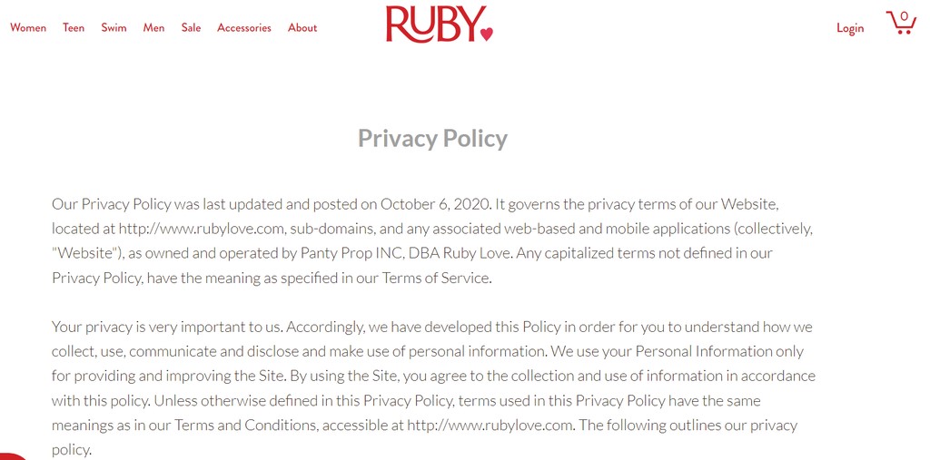 Ejemplo de la pol&iacute;tica de privacidad de la empresa RUBY