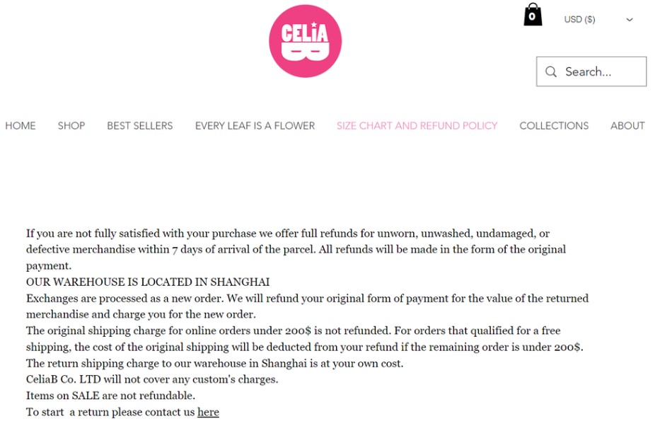 Ejemplo de pol&iacute;tica de devoluci&oacute;n y reembolsos de la empresa CeliaB