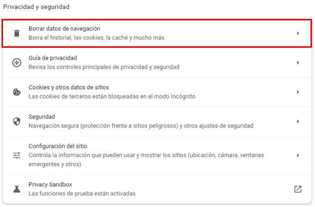 Visualización de la opción de borrar datos de navegación, dentro de Privacidad y seguridad
