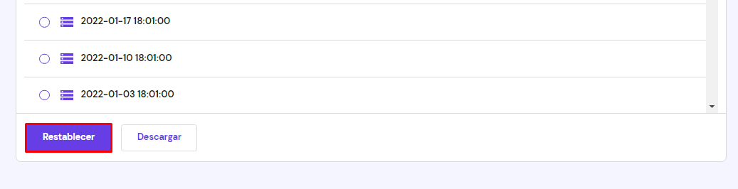 Vista del botón de restablecer la copia de seguridad elegida
