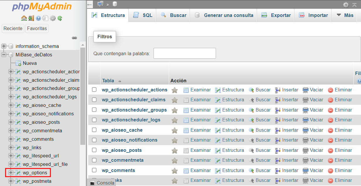 wp-options en PHPMyAdmin